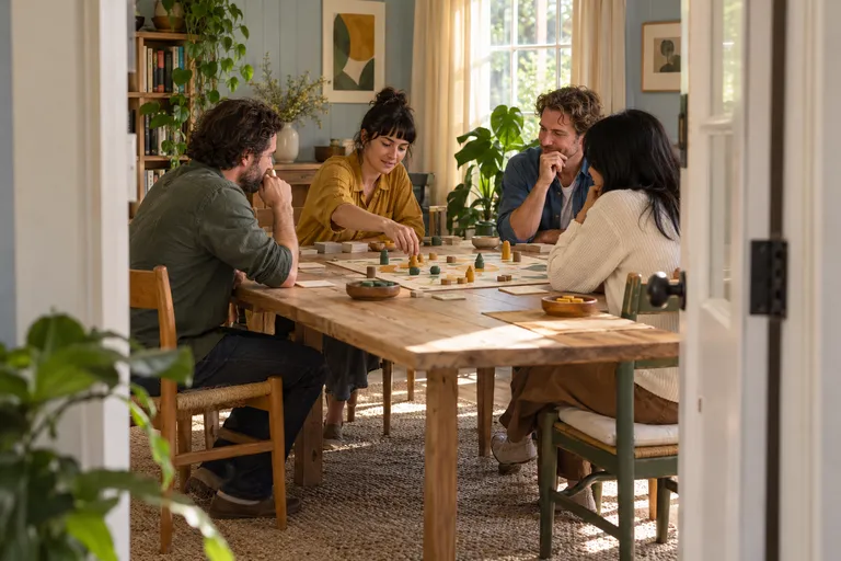 Four adult friends share a tabletop game in a welcoming room seen through an open doorway