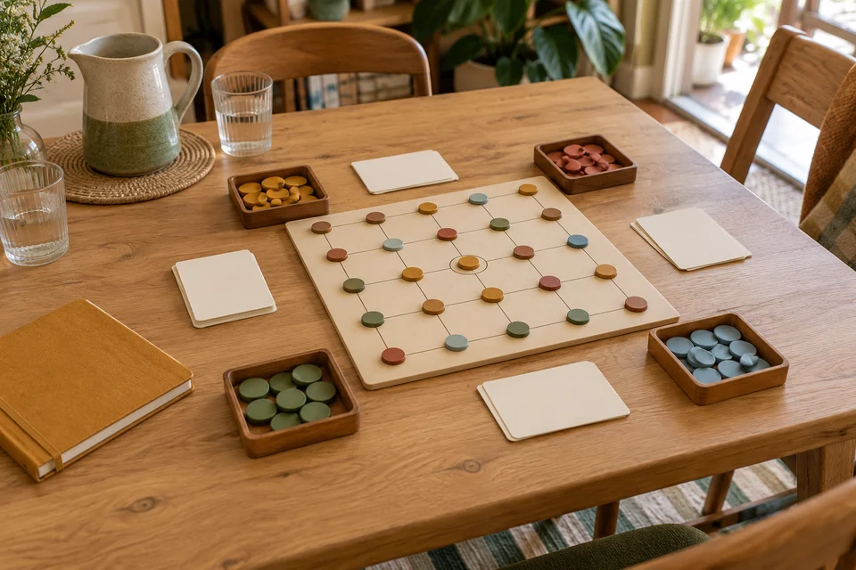 A wooden table prepared with an abstract board, sorted pieces and blank reference cards