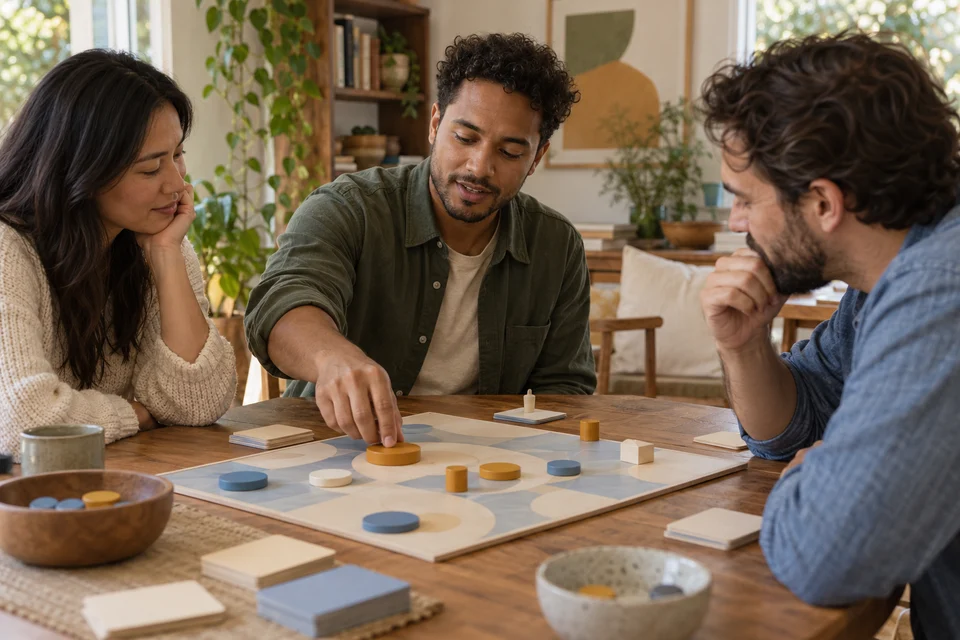 A host demonstrates one move while two adult players watch