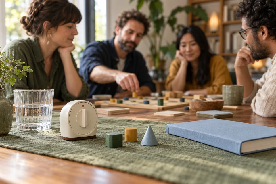 A simple timer, notebook and wooden pieces beside a tabletop gathering