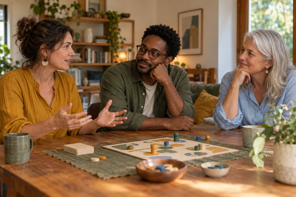 Three adults discuss their expectations before a game begins