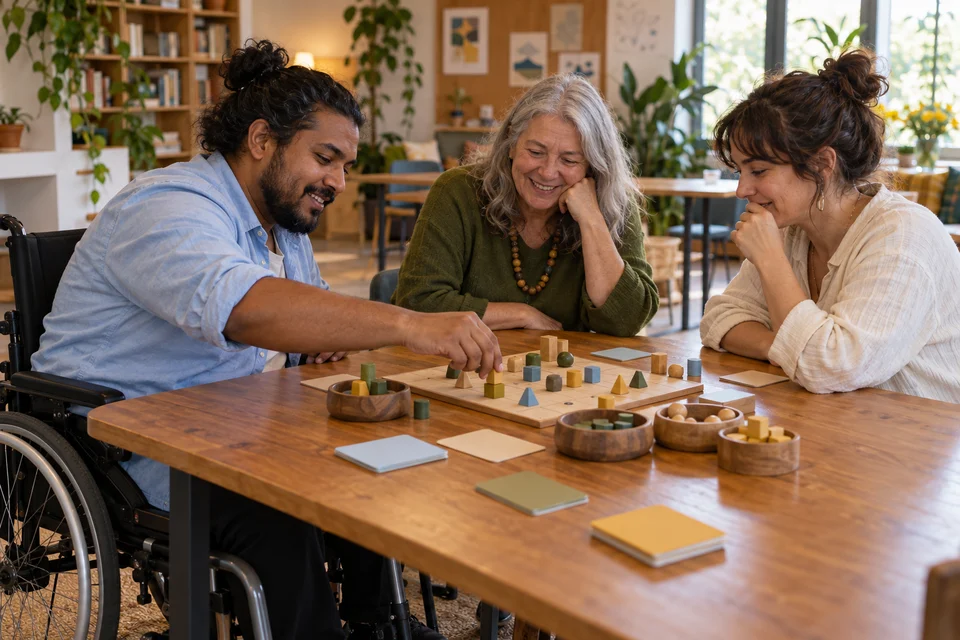 Three adults, including a wheelchair user, enjoy a game at an accessible table