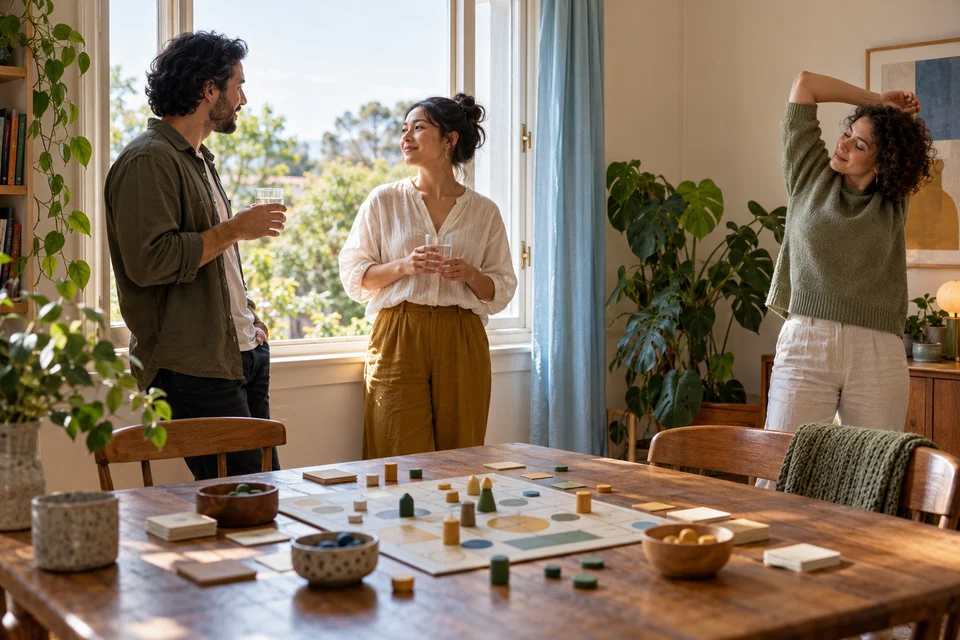 Friends pause by the window while the game pieces remain on the table