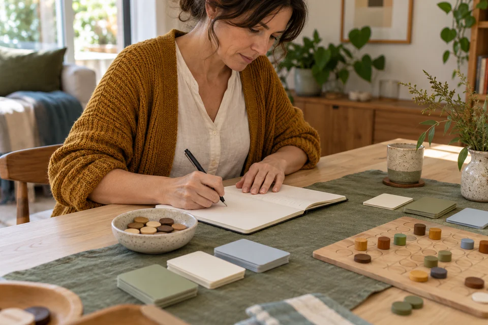A host prepares notes beside a simple board and sorted wooden pieces