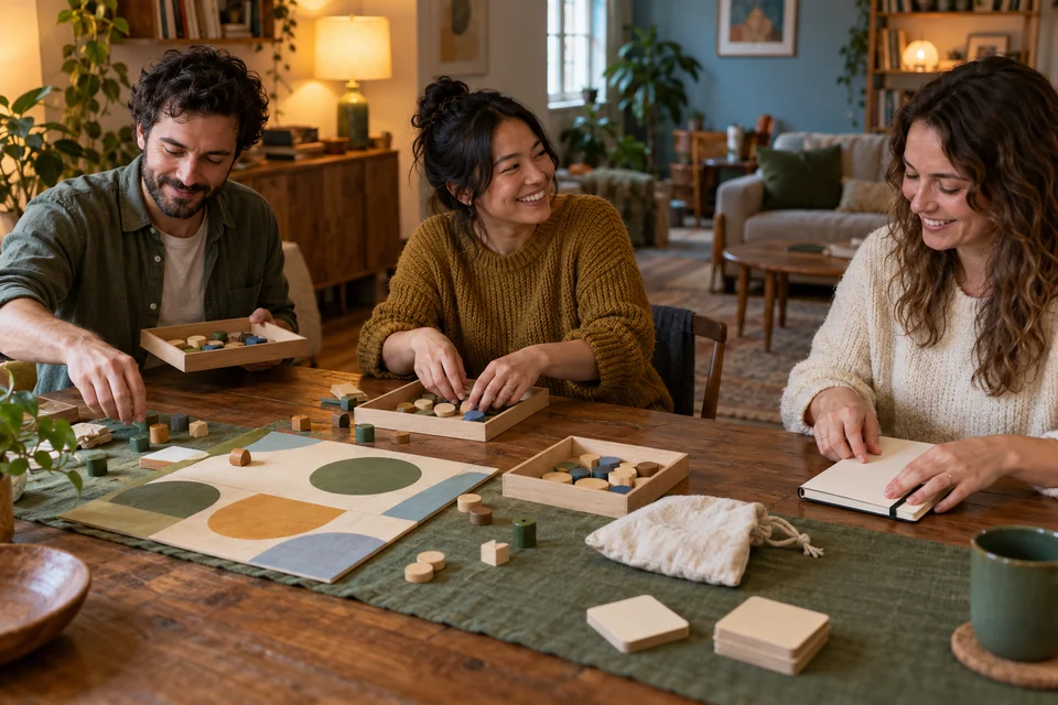 Friends put away pieces together at the end of a game evening