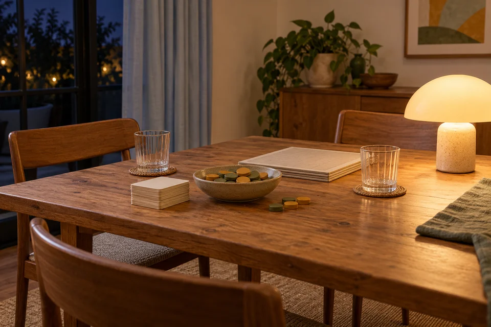 A quiet table with stacked cards and a warm lamp after the gathering